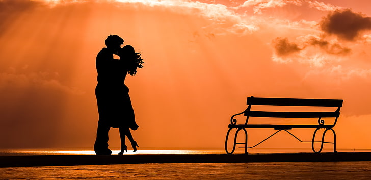 man and woman kissing silhouette, couple, love, sunset, togetherness