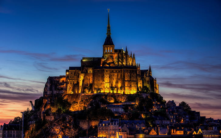 France, Mont Saint-Michel, castle, city evening, lights, concrete castle, HD wallpaper