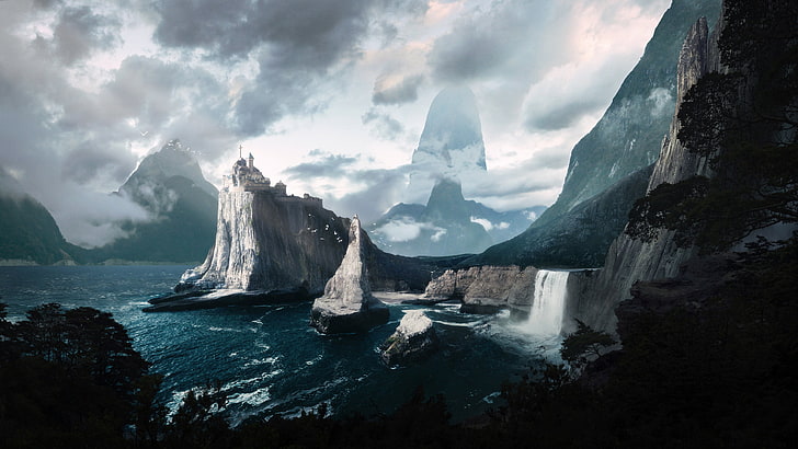 gray mountain, digital art, landscape, fantasy art, water, beauty in nature, HD wallpaper