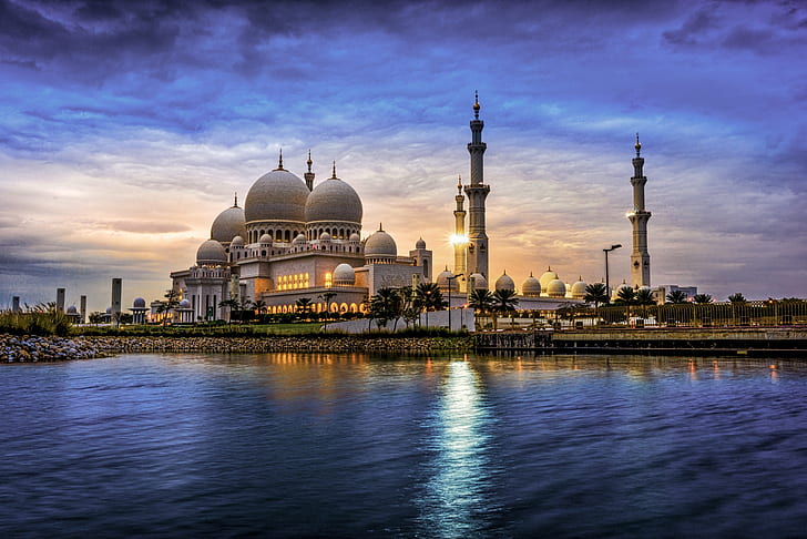 water, the city, the evening, tower, mosque, architecture, UAE, HD wallpaper
