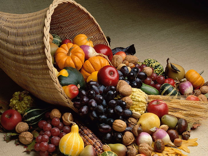autumn, cornucopia, food, fruits, season, thanksgiving, vegetables HD wallpaper