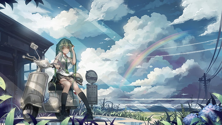 Miku Hatsune wallpaper, rainbows, clouds, sky, motorcycle, green hair