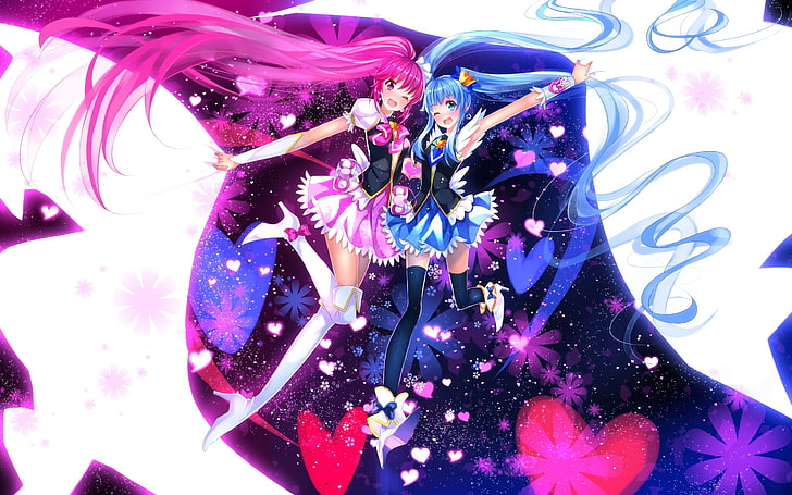 two long pink and blue haired female anime characters standing side by side wallpaper