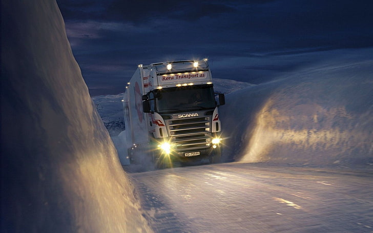 headlights, night, norway, scania, snow, trailer, trucks, vehicles, HD wallpaper