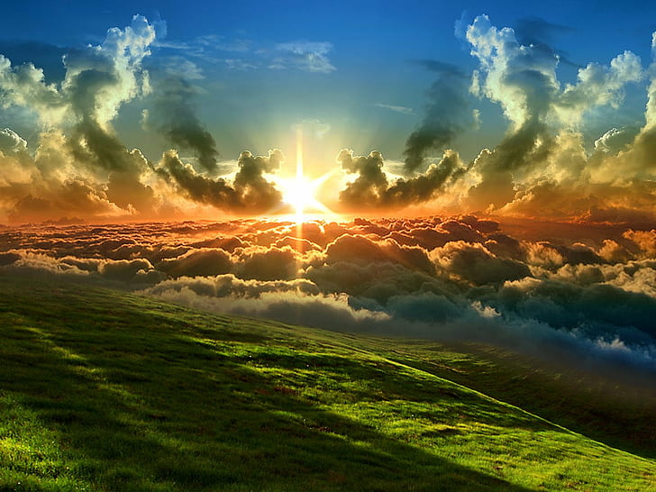 grassfield near sea of clouds, Dawn, Eternity, New Heaven, New Earth, HD wallpaper