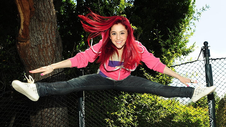 Ariana Grande, redhead, women, dyed hair, brown eyes, jumping