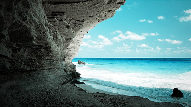 ocean waves, landscape, beach, cliff, sea, nature, water, horizon, HD wallpaper
