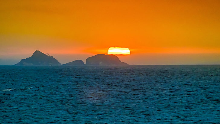sea, sunset, island, Brazil, Rio de Janeiro, orange sky, Ipanema, HD wallpaper