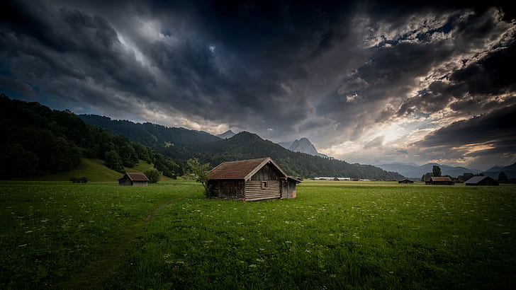 cloudy sky, field, log cabin, hut, valley, mountain village, HD wallpaper
