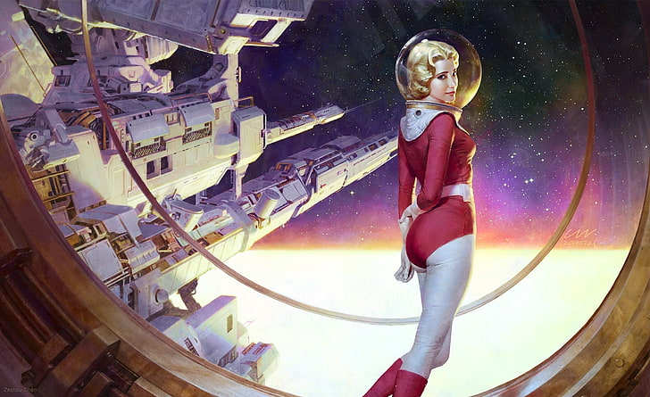 science fiction, astronaut, artwork, retro science fiction
