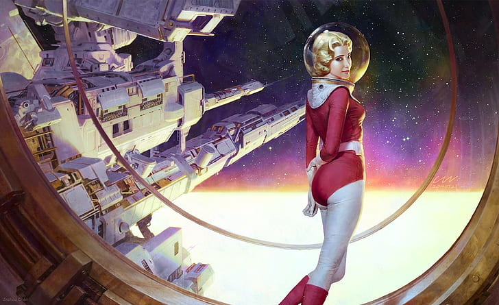 science fiction, astronaut, retro science fiction, artwork, HD wallpaper