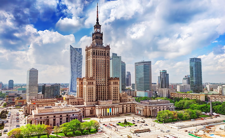 Palace of Culture and Science, Warszawa, Poland, beige high-rise tower, HD wallpaper