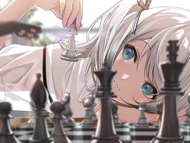 anime, anime girls, blonde, chess, cats, blue eyes, ribbons, HD wallpaper