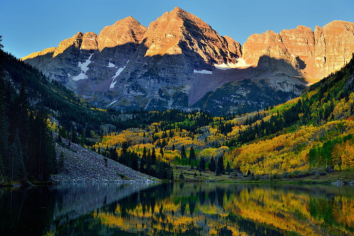 mountain near body of water and tall trees at daytime, maroon bells, maroon bells