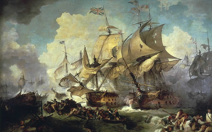 painting, battle, classic art, ship, boat, clouds, british flag