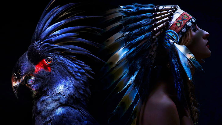 native american, darkness, feather, indian, parrot, bird, shaman, HD wallpaper