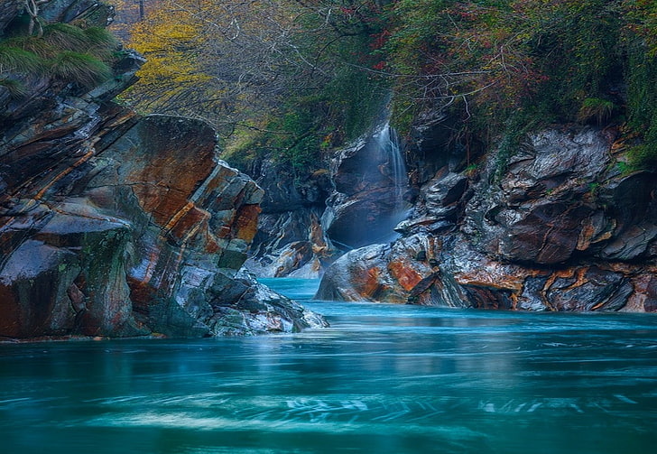 river, rock, Switzerland, mountains, nature, landscape, turquoise, HD wallpaper