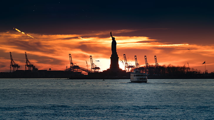 Statue of Liberty, New York City, ferry, Bobby Ghoshal, sunset, HD wallpaper