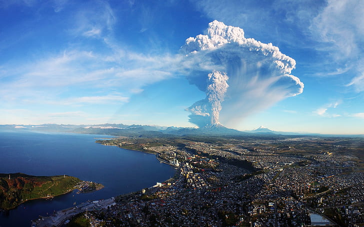 Calbuco Volcan, Puerto Montt, Chile, blue sky, panorama, city, HD wallpaper
