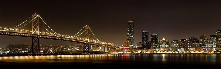 Brooklyn Bridge, city, lights, night, reflection, multiple display
