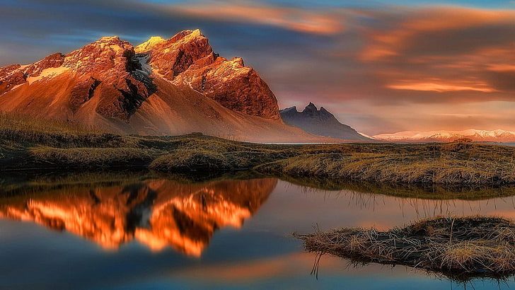 reflection, vestrahorn, iceland, wilderness, mountain, dawn, HD wallpaper