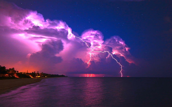 purple lightning, elements, coast, night, stars, clouds, clearly, HD wallpaper