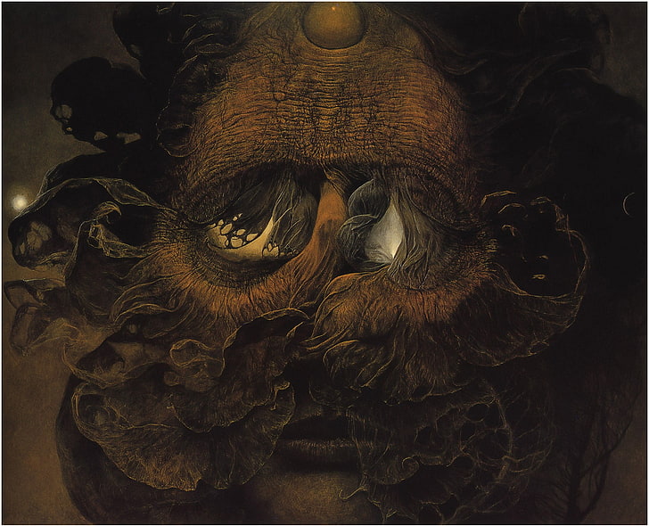 beige face mask painting, Zdzisław Beksiński, no people, close-up