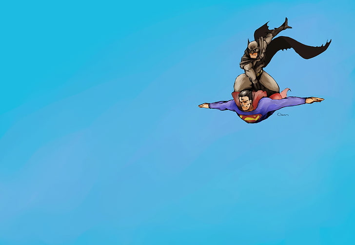 Superman and Batman illustration, friendship, mid-air, blue, full length
