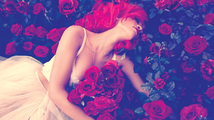 woman lying on rose flowers wallpaper, roses, tattoo, singer