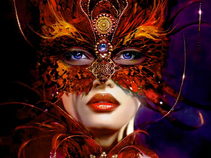 Girlfriend jewelry feather mask, orange and yellow masquerade mask, HD wallpaper