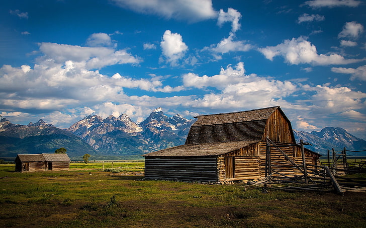 brown wooden barn, valley, mountains, sky, grass, nature, european Alps, HD wallpaper