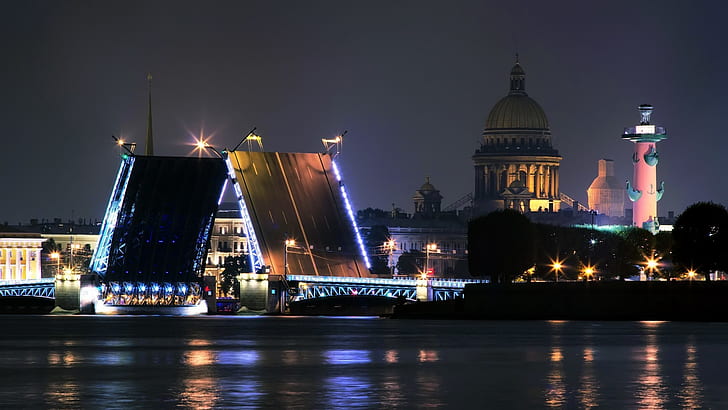 St. Petersburg, Russia, river, bridge, night, city, lights, HD wallpaper