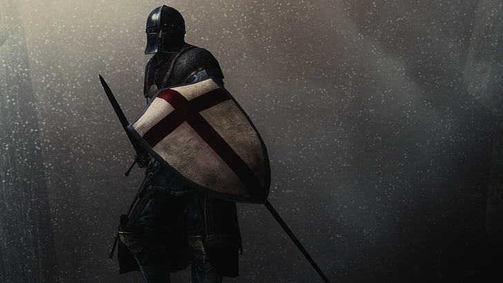 gladiator holding sword and shield digital wallpaper, rendering