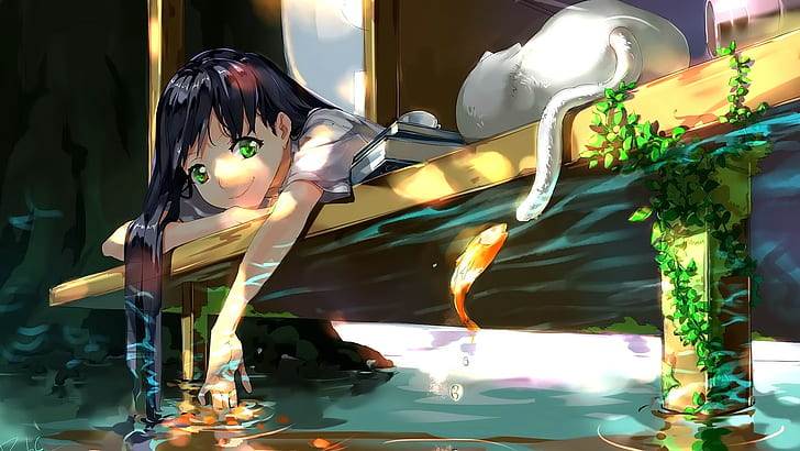 anime, anime girls, water, cat, fish, green eyes, original characters, HD wallpaper