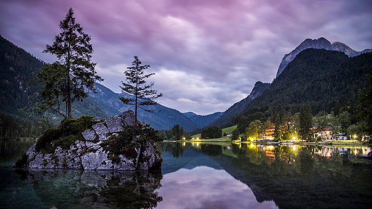 tree, mountain lake, europe, germany, evening, ramsau bei berchtesgaden