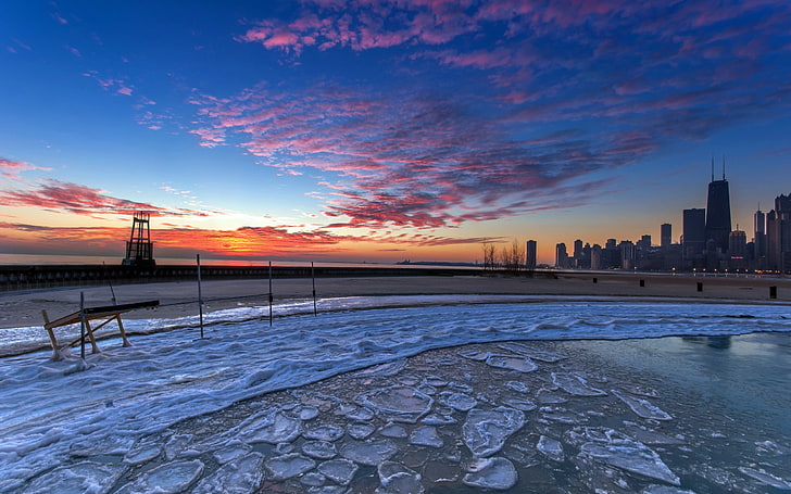 cityscape, building, sea, sunset, Chicago, sky, water, cold temperature, HD wallpaper