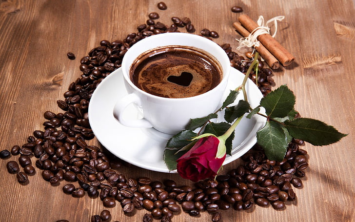 white ceramic mug, coffee beans, rose, cup, drink, brown, espresso