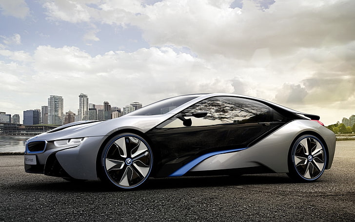 silver and black BMW i8 coupe, concept, car, dark, luxury, transportation