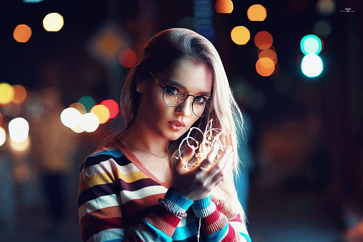 girl, lights, glasses, Katerina, Dmitry Arhar, HD wallpaper