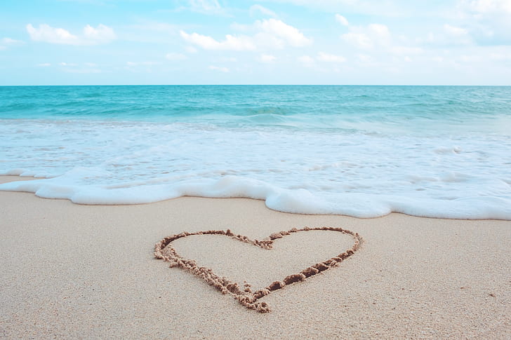 sand, sea, wave, beach, summer, love, heart, romantic, HD wallpaper