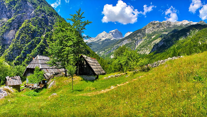 Slovenia, house, trees, grass, sky, clouds, mountains, gray nipa hut near mountain