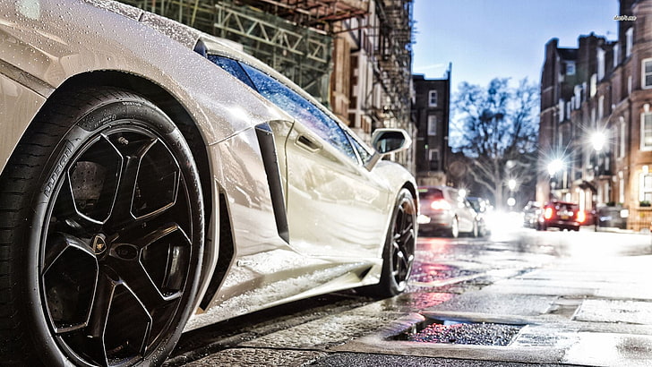 silver Lamborghini Aventador, car, ride, street, urban Scene