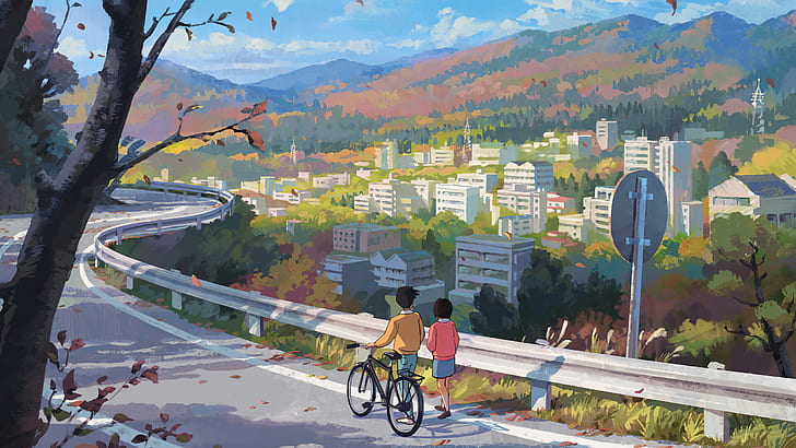 HD wallpaper: digital art, anime, cartoon, city, road, bicycle, couple,  people | Wallpaper Flare