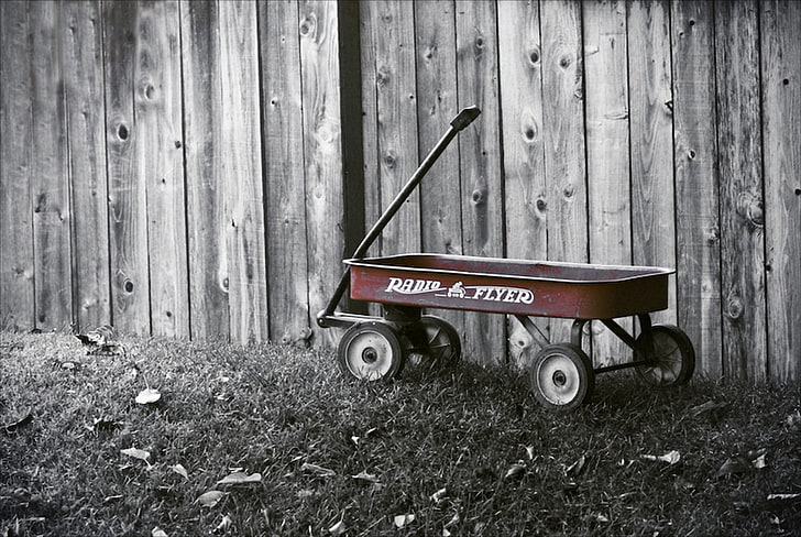 red Radio Flyer pull wagon, photography, selective coloring, wood - material