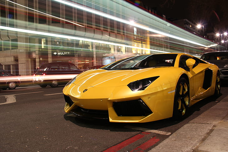 yellow Lamborghini Aventador, Cars, london, supercars, streetcars, HD wallpaper