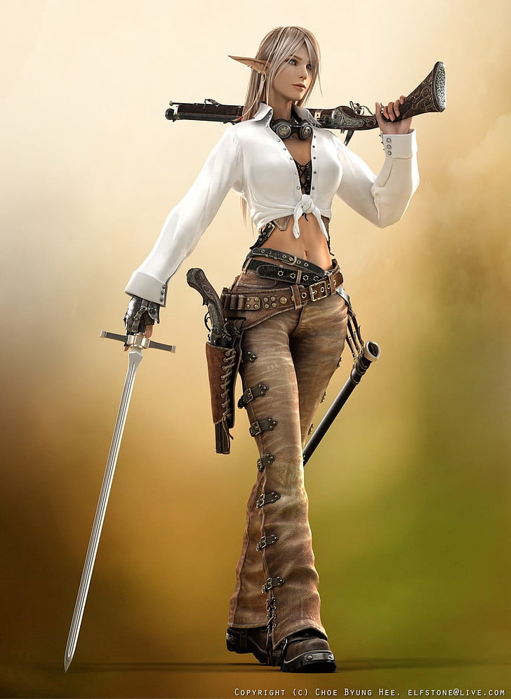 woman with sword and gun digital wallpaper, pirates, elves, weapon, HD wallpaper