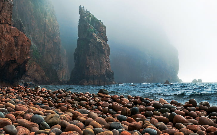 Russia, nature, Vitaly Burke, stones, cliff, sea, coast, HD wallpaper