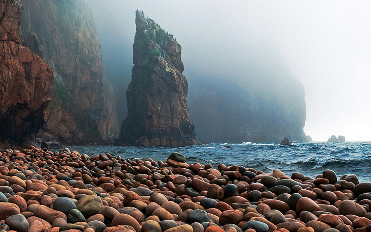 brown and gray concrete stones, Vitaly Burke, Russia, coast, sea, HD wallpaper