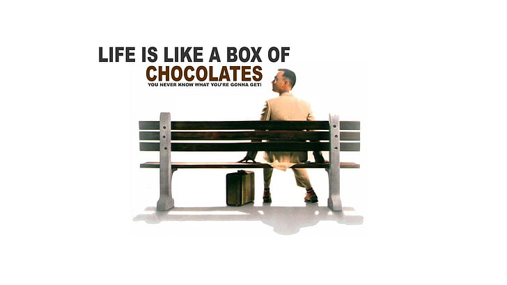 black wooden bench with text overlay, movies, Forrest Gump, seat