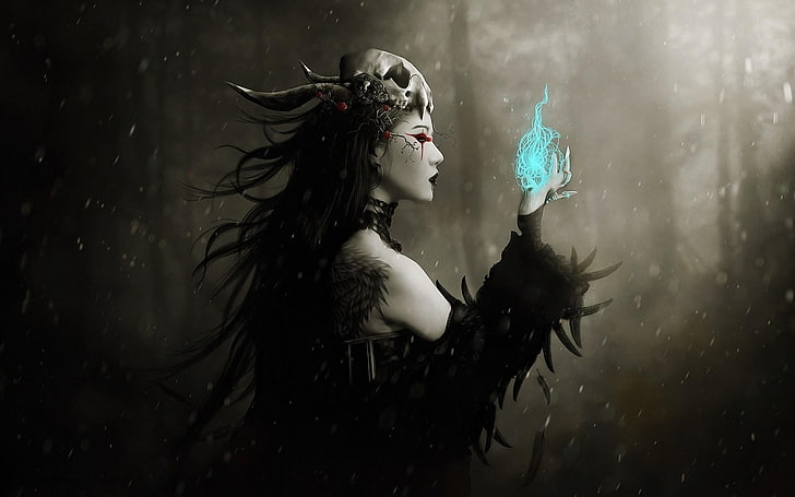 female witch with flames on her hand wallpaper, magic, fantasy art